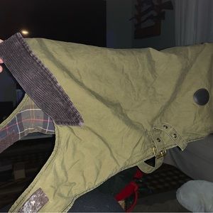 barbour dog waxed jacket. warm and waterproof.